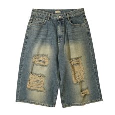 画像1: Baggy Fit Faded Damage Denim Shorts Dark Indigo / バギーフィット フェイデッド ダメージ デニムショーツ ダークインディゴ (1)