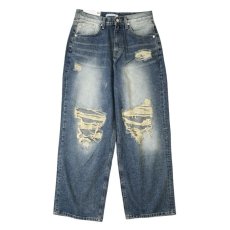 画像1: Baggy Fit Faded Damage Denim Pants Medium Indigo / バギーフィット フェイデッド ダメージ デニムパンツ ミディアムインディゴ (1)