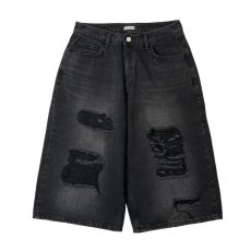 画像1: Baggy Fit Faded Damage Denim Shorts Black / バギーフィット フェイデッド ダメージ デニムショーツ ブラック (1)