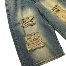 画像4: Baggy Fit Faded Damage Denim Shorts Dark Indigo / バギーフィット フェイデッド ダメージ デニムショーツ ダークインディゴ (4)